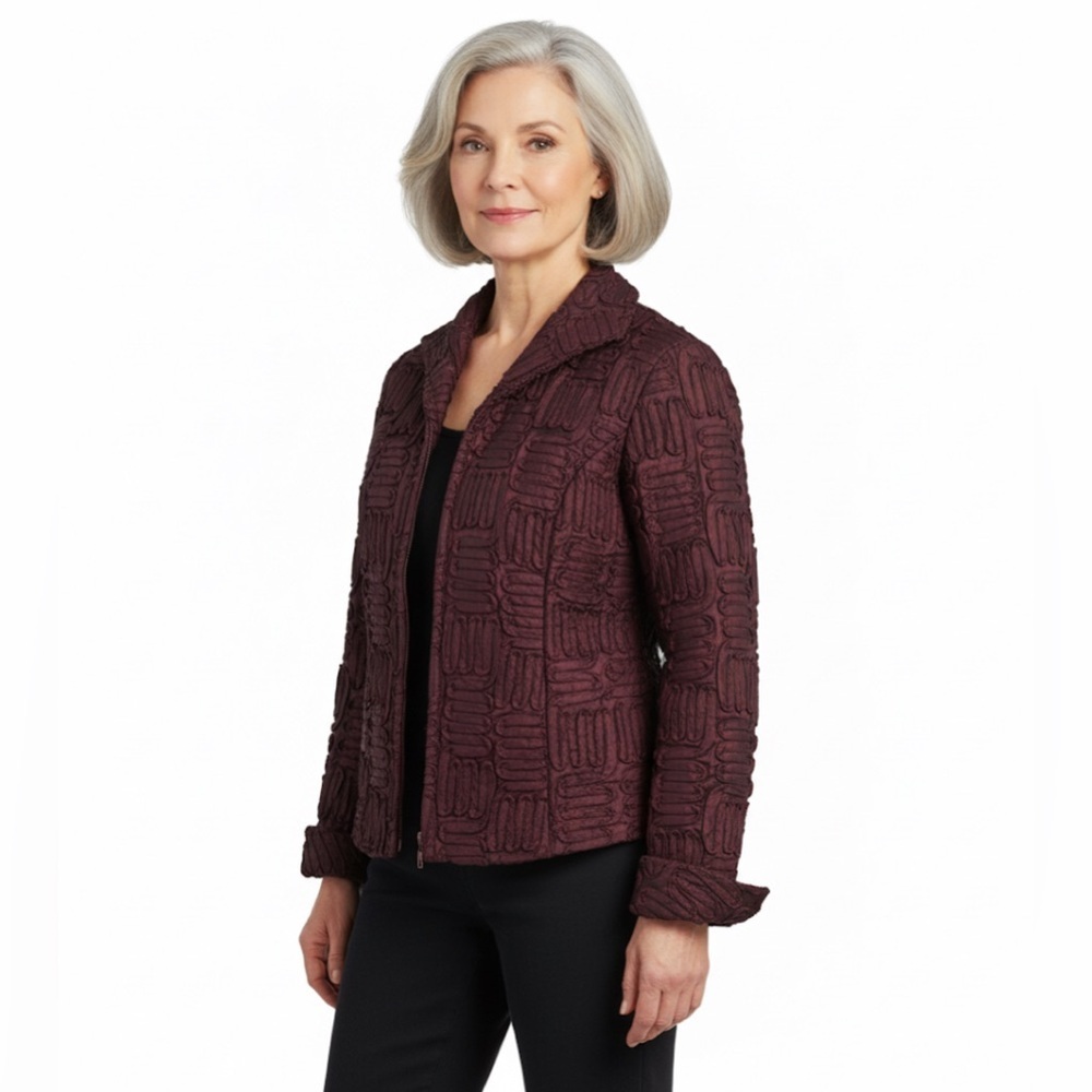 Samuel Dong Women's Dark Red Textured Long Sleeve Dinner Jacket